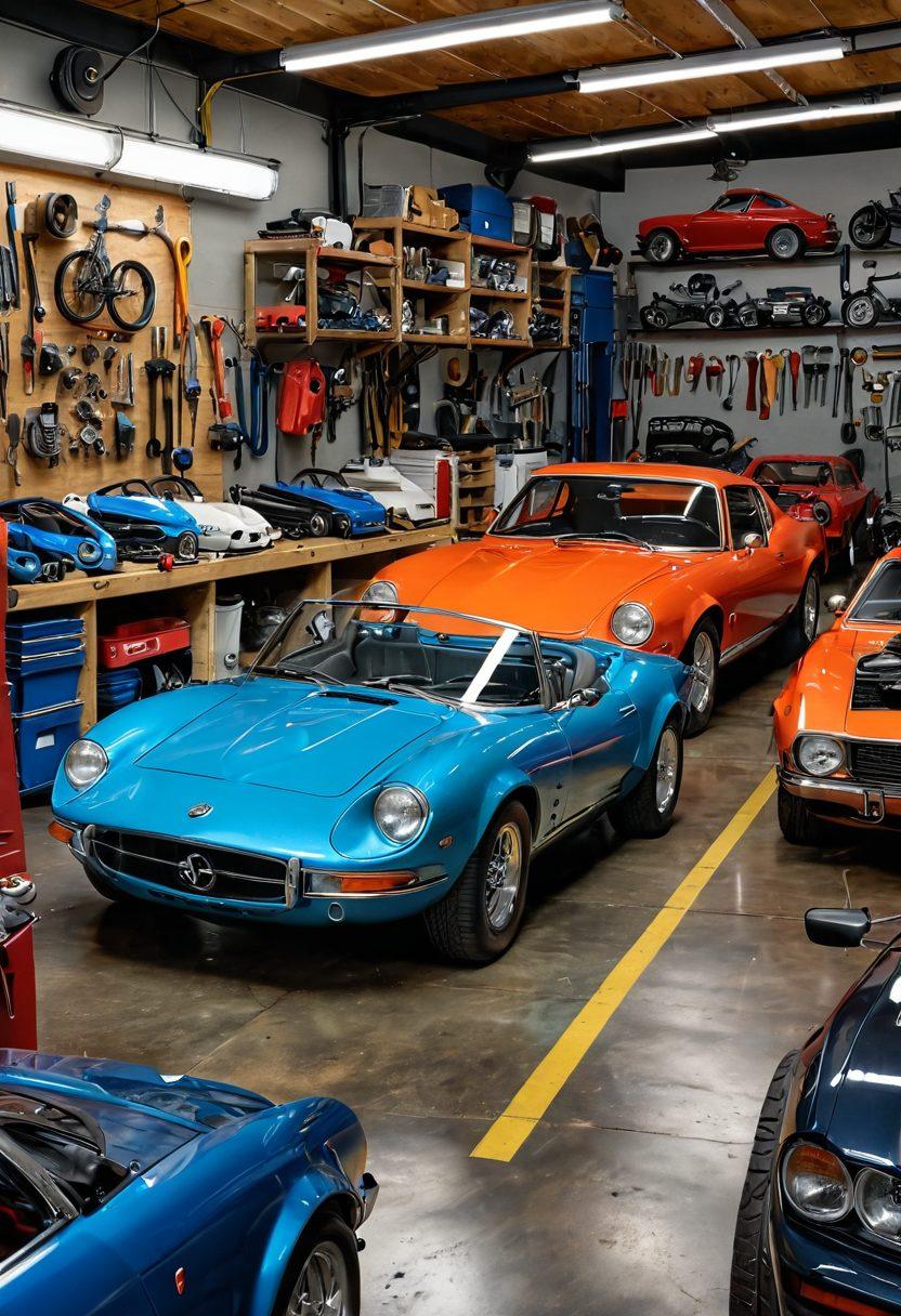 A visually striking garage scene filled with a variety of cars undergoing maintenance and enhancements, showcasing an array of automotive tools and parts scattered around. In the foreground, a passionate mechanic is intently working on a sleek sports car, surrounded by colorful posters of classic and modern vehicles. The lighting is warm and inviting, hinting at a shared love for automotive craftsmanship. super-realistic. vibrant colors. dynamic composition.