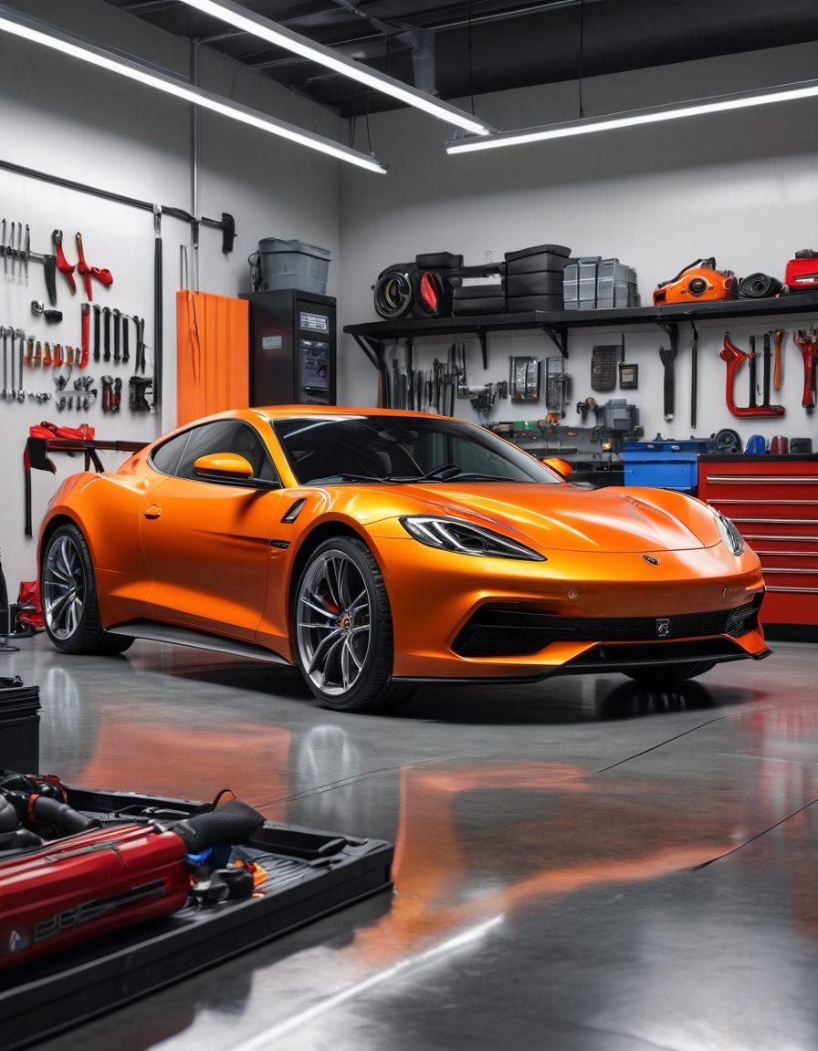 A sleek car in a modern garage surrounded by various car accessories like high-tech tools, detailing sprays, and performance parts, with a mechanic skillfully working on an engine, showcasing care and precision. The setting should emphasize cleanliness and organization, inviting a sense of professionalism and passion for car care. Bright metallic colors and soft lighting enhance the atmosphere. super-realistic. vibrant colors. modern style.